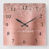 Glittermonogram geborsteld metaal Roos Gold Pink Vierkante Klok (Voorkant)