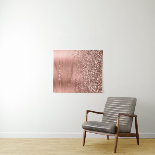 Glittermonogram geborsteld metaal Roos Gold Pink Wandkleed (In Situ (horizontaal))