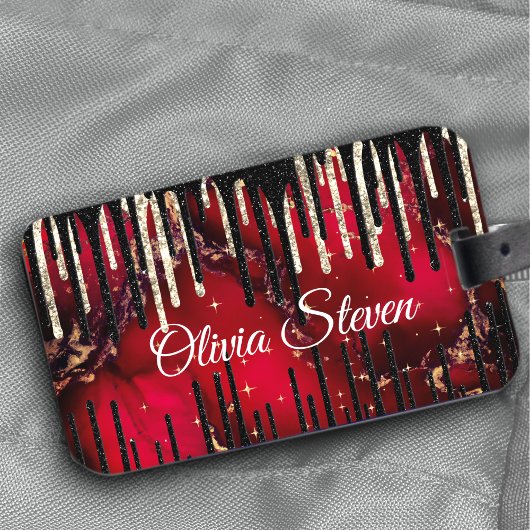 Glittermonogram rode zwarte druppels bagagelabel