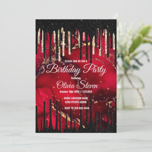 Glittermonogram rode zwarte druppels kaart (Staand voorkant)