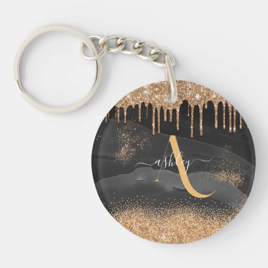 Glittermonogram voor Gold Driving Aangepast Metaal Sleutelhanger (Voorkant)