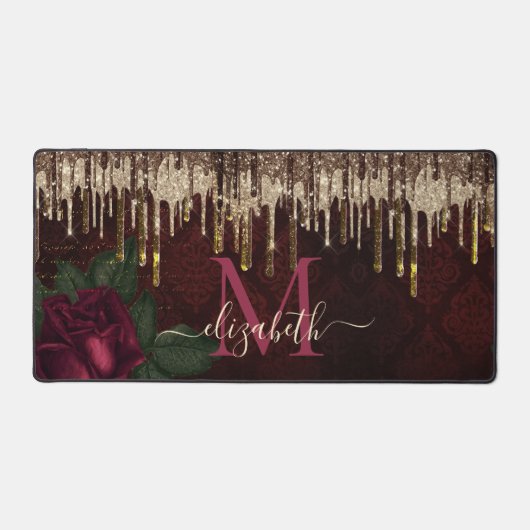 Glittermonogram voor rode bloemgoud bureaumat (Voorkant)