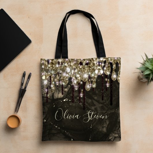 Glittermonogram voor zwart goud tote bag