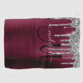 Glitternaam Girly Burgundy Brushed Metal Driving G Golfhanddoek (Horizontaal)