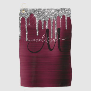 Glitternaam Girly Burgundy Brushed Metal Driving G Golfhanddoek