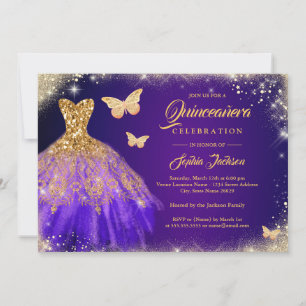 Glitterpaarse gouden jurk vlinder Quinceanera Kaart