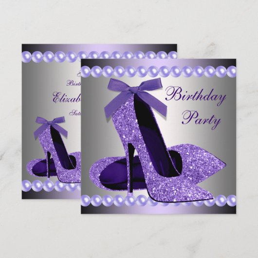 Glitterparels Paarse Hoge Hakken Schoenen Verjaard Kaart (Voorkant / Achterkant)