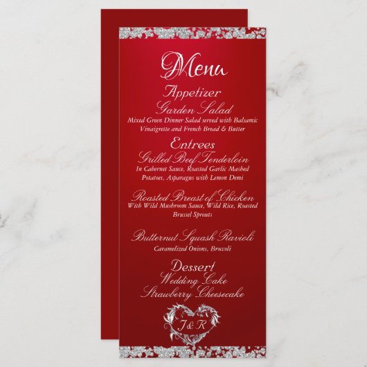 Glitterrand op karmozijnrode trouwmenu menu (Voorkant / Achterkant)