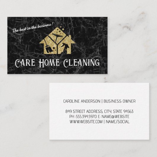 Glitterreinigingspictogrammen | Zwarte marmer Visitekaartje (Voorkant / Achterkant)