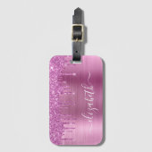 Glitterroze druppels, monogrammen bagagelabel (Voorkant (verticaal))
