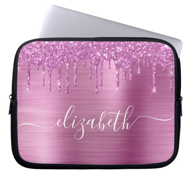 Glitterroze druppels, monogrammen laptop sleeve (Voorkant)