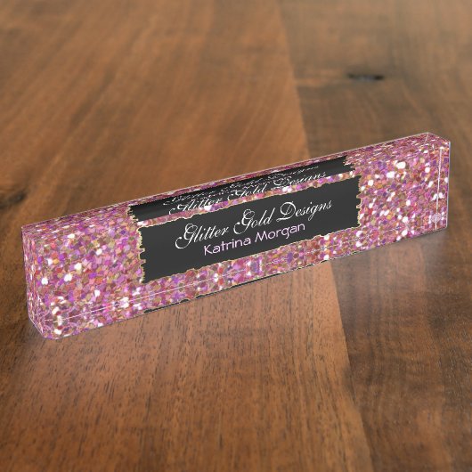 Glitterroze elegantie naambordje (Zijkant)