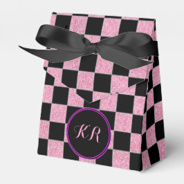 Glitterroze en zwarte vierkantjes bedankdoosjes