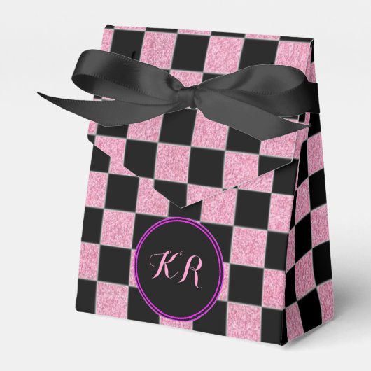 Glitterroze en zwarte vierkantjes bedankdoosjes (Voorkant Zijde)