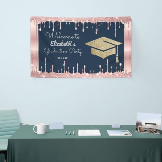 Glitterroze gouden druppels op een marineblauwe af spandoek (Beurs)