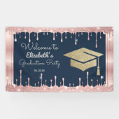 Glitterroze gouden druppels op een marineblauwe af spandoek (Horizontaal)