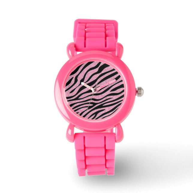 Glitterroze Zebraafdrukken Horloge (Voorkant)