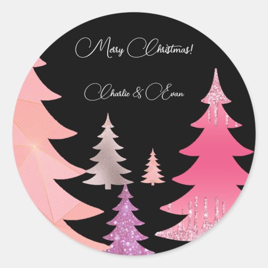 Glitterroze zwart monogram ronde sticker (Voorkant)