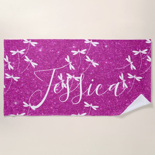 Glitters en libellen gepersonaliseerde badhanddoek (Voorkant)