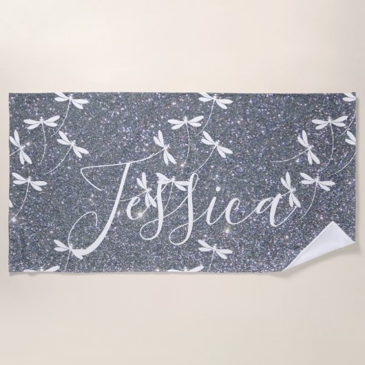 Glitters en libellen gepersonaliseerde badhanddoek (Voorkant)