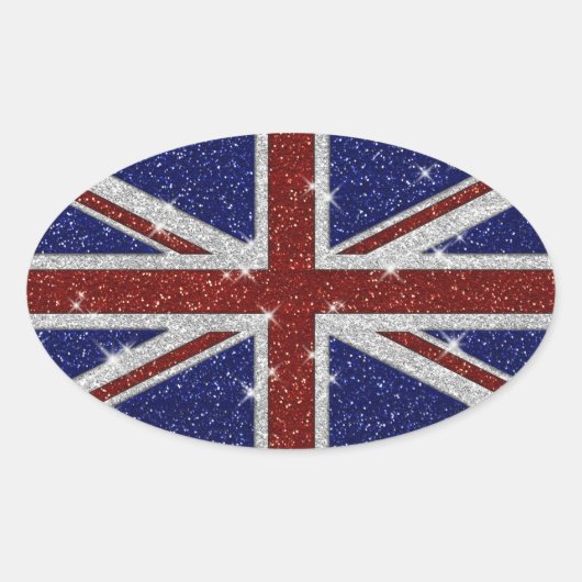 Glitters Glanzende Sparkle Union Jack Vlag Ovale Sticker (Voorkant)