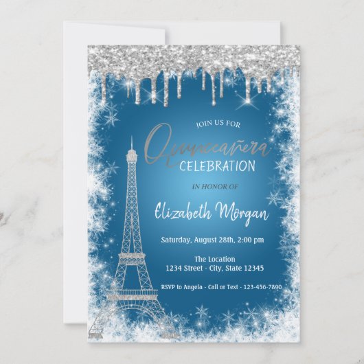 Glitterschijven, eiffeltoren, Snowflake Quinceañer Kaart (Voorkant)