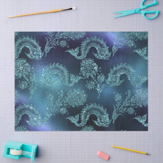 Glittervis en bloemen op blauwe ontkoppeling tissuepapier (Craft)