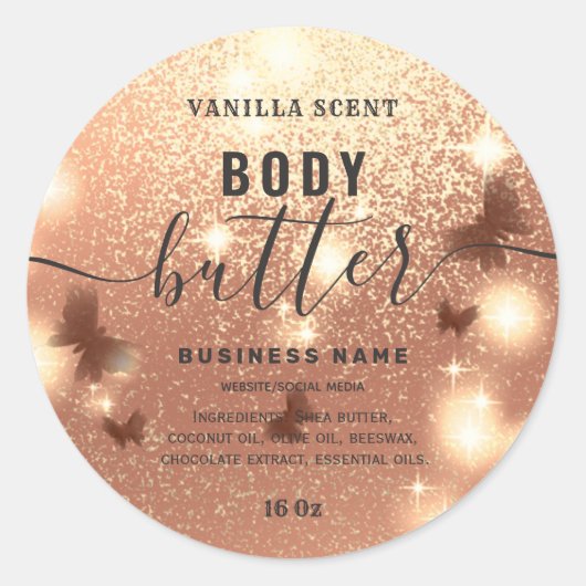 Glittervlinder script body butter label (Voorkant)
