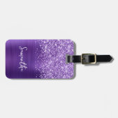 Glittery Amethist Paarse Glam Script Naam Bagagelabel (Voorkant horizontaal)