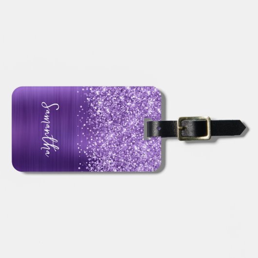 Glittery Amethist Paarse Glam Script Naam Bagagelabel (Voorkant horizontaal)