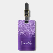 Glittery Amethist Paarse Glam Script Naam Bagagelabel (Voorkant verticaal)