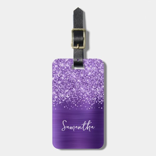 Glittery Amethist Paarse Glam Script Naam Bagagelabel (Voorkant verticaal)
