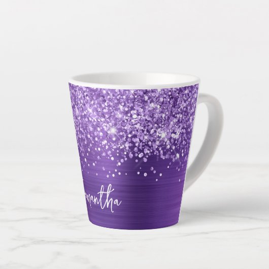 Glittery Amethist Paarse Glam Script Naam Latte Mok (Rechterhoek)