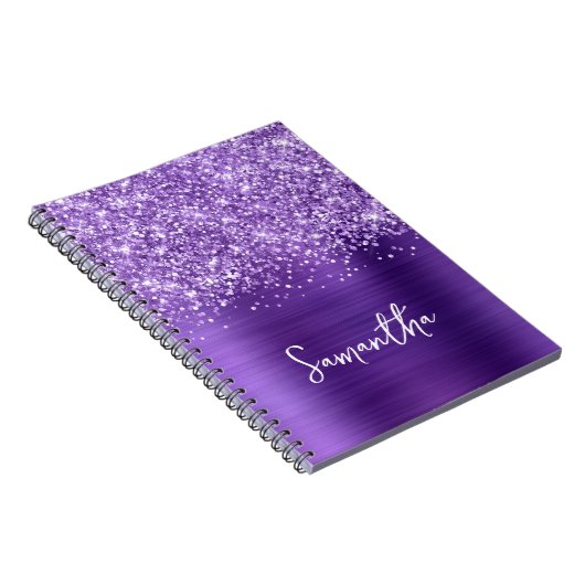 Glittery Amethist Paarse Glam Script Naam Notitieboek (Rechterzijde)
