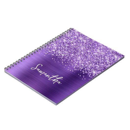 Glittery Amethist Paarse Glam Script Naam Notitieboek (Linkerzijde)