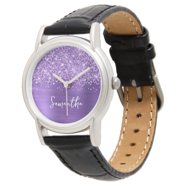 Glittery Amethist Paarse Glam Witte Naam Horloge (Gekanteld)