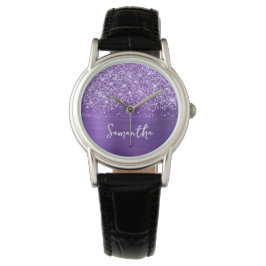 Glittery Amethist Paarse Glam Witte Naam Horloge