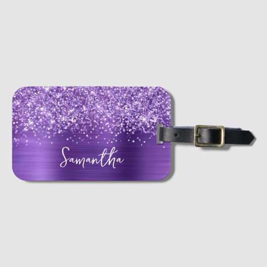 Glittery Amethyst Paarse Glam Name Bagagelabel (Voorkant (horizontaal))