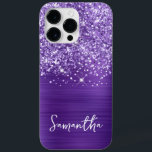 Glittery Amethyst Paarse Glam Name Case-Mate iPhone 14 Pro Max Hoesje<br><div class="desc">Pas het moderne handgeschreven stijlmanuscript aan om uw eigen hoesje te creëer. Voeg een initiaal van het monogram aan creëer een combinatie van het voornaam initiaal toe. Meisjes faux paarse glitter en geborsteld amethyst metal folie digital art zullen als een foto afdrukken.</div>