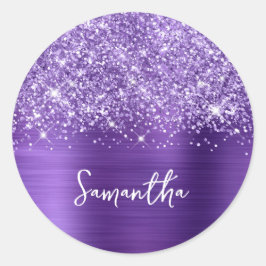 Glittery Amethyst Paarse Glam Name Ronde Sticker