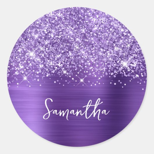 Glittery Amethyst Paarse Glam Name Ronde Sticker (Voorkant)
