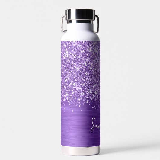 Glittery Amethyst Paarse Glam Name Waterfles (Voorkant)