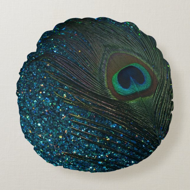 Glittery Aqua Blue Peacock Rond Kussen (Voorkant)