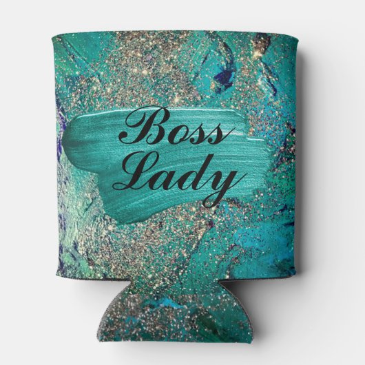 Glittery Aqua Paint Strokes Boss Lady Blikjeskoeler (Achterkant)