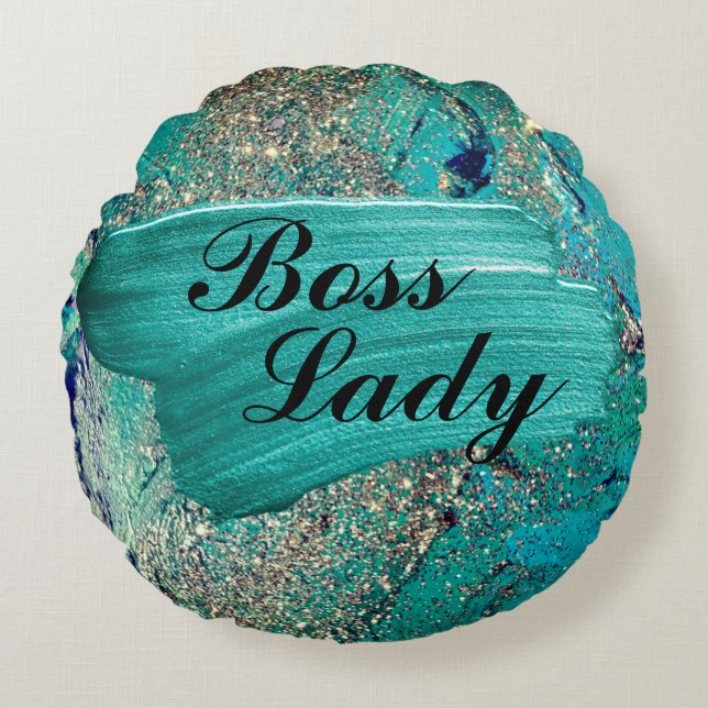 Glittery Aqua Paint Strokes Boss Lady Rond Kussen (Voorkant)