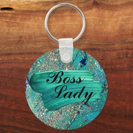 Glittery Aqua Paint Strokes Boss Lady Sleutelhanger (Achterkant)