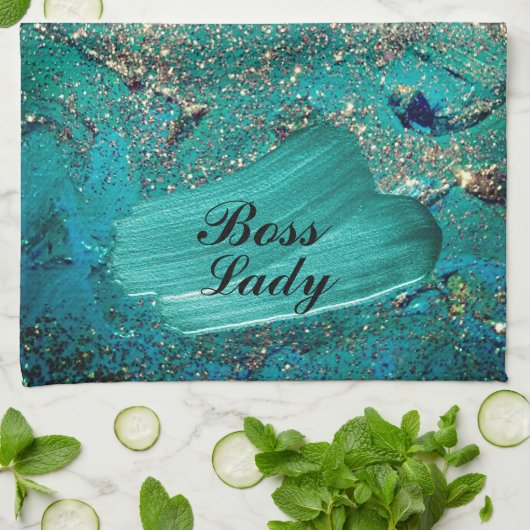 Glittery Aqua Paint Strokes Boss Lady Theedoek (Gevouwen)