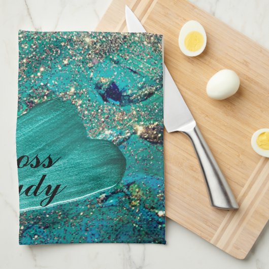 Glittery Aqua Paint Strokes Boss Lady Theedoek (Quarter Fold)