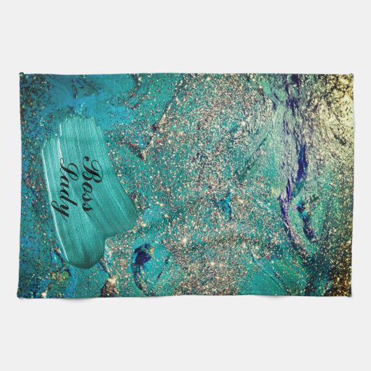 Glittery Aqua Paint Strokes Boss Lady Theedoek (Horizontaal)