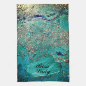 Glittery Aqua Paint Strokes Boss Lady Theedoek (Verticaal)